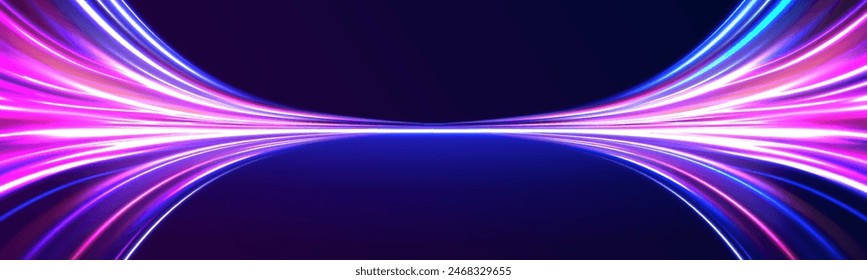 Curved light trail stretched upward. Fast speed car. Acceleration speed motion on night road. City light trails motion background. Illustration of high speed concept.	