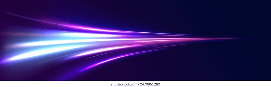 Curved light trail stretched upward. Fast speed car. Acceleration speed motion on night road. City light trails motion background. Illustration of high speed concept.	