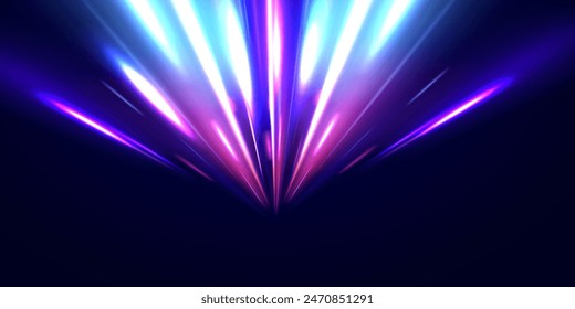 Curved light trail stretched upward. Fast speed car. Acceleration speed motion on night road. City light trails motion background. Illustration of high speed concept.	