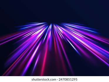 Curved light trail stretched upward. Fast speed car. Acceleration speed motion on night road. City light trails motion background. Illustration of high speed concept.	