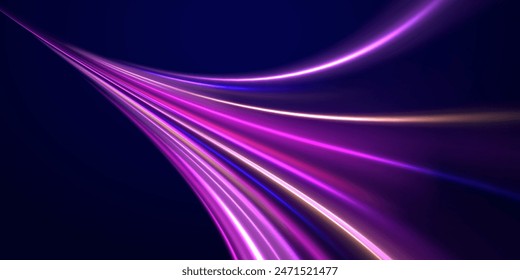 Curved light trail stretched upward. Fast speed car. Acceleration speed motion on night road. City light trails motion background. Illustration of high speed concept.