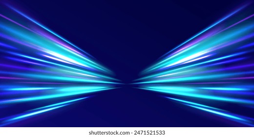 Curved light trail stretched upward. Fast speed car. Acceleration speed motion on night road. City light trails motion background. Illustration of high speed concept.	