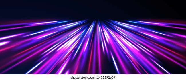 Curved light trail stretched upward. Fast speed car. Acceleration speed motion on night road. City light trails motion background. Illustration of high speed concept.	