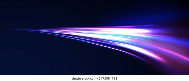 Curved light trail stretched upward. Fast speed car. Acceleration speed motion on night road. City light trails motion background. Illustration of high speed concept.	