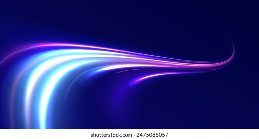 Curved light trail stretched upward. Fast speed car. Acceleration speed motion on night road. City light trails motion background. Illustration of high speed concept.	