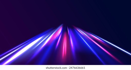 Curved light trail stretched upward. Fast speed car. Acceleration speed motion on night road. City light trails motion background. Illustration of high speed concept.	