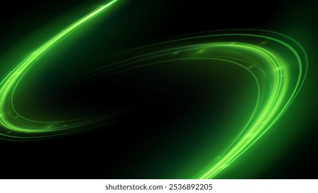 Curved light trail stretched upward. Fast speed car. Futuristic, technology pattern for banner or poster design. Dynamic motion light trails with motion blur effect on dark background.