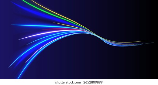Curved light trail stretched upward. Fast speed car. Acceleration speed motion on night road. City light trails motion background. Illustration of high speed concept.	
