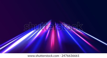 Curved light trail stretched upward. Fast speed car. Acceleration speed motion on night road. City light trails motion background. Illustration of high speed concept.	