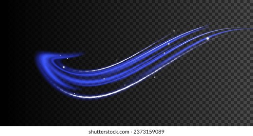 Curved light trail stretched upward.Lines in the shape of a comet against a dark background. Particle motion light effect. Abstract fire flare trace lens flares. Car motion trails