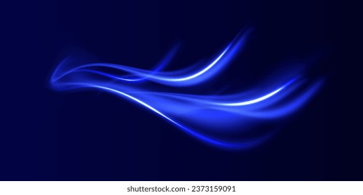 Curved light trail stretched upward.Lines in the shape of a comet against a dark background. Particle motion light effect. Abstract fire flare trace lens flares. Car motion trails