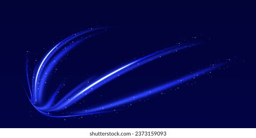 Curved light trail stretched upward.Lines in the shape of a comet against a dark background. Particle motion light effect. Abstract fire flare trace lens flares. Car motion trails