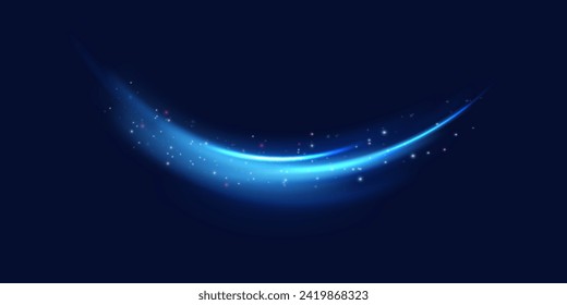 Curved light trail stretched upward.Lines in the shape of a comet against a dark background. Particle motion light effect. Abstract fire flare trace lens flares. Car motion trails