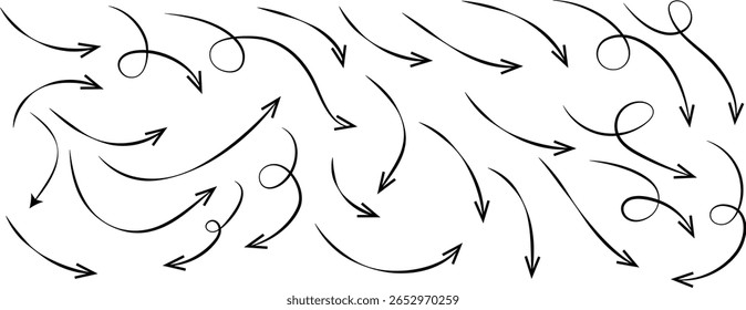 Satz gekrümmter Linien-Pfeile. Handgezeichnetes Liniendoodle. gekrümmte Zeiger. Spiralpfeil mit gepunkteter Linie