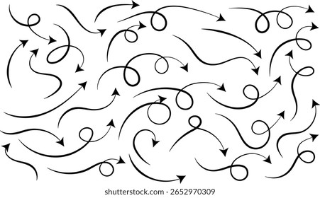 Satz gekrümmter Linien-Pfeile. Handgezeichnetes Liniendoodle. gekrümmte Zeiger. Spiralpfeil mit gepunkteter Linie
