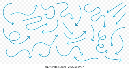 Satz gekrümmter Linien-Pfeile. Handgezeichnetes Liniendoodle. gekrümmte Zeiger. Spiralpfeil mit gepunkteter Linie