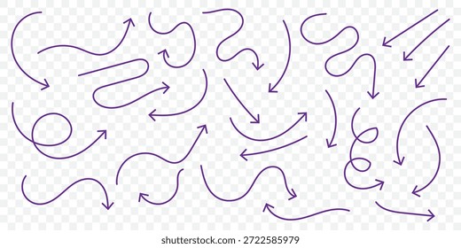 Satz gekrümmter Linien-Pfeile. Handgezeichnetes Liniendoodle. gekrümmte Zeiger. Spiralpfeil mit gepunkteter Linie