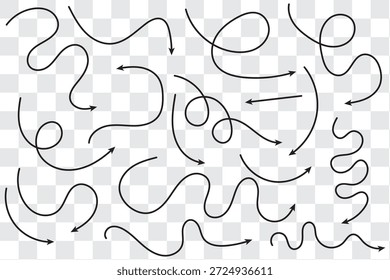 curved line arrows set. Hand drawn line doodle. curved pointers sign. Spiral dotted line arrow