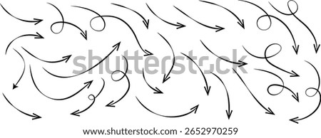 curved line arrows set. Hand drawn line doodle. curved pointers sign. Spiral dotted line arrow