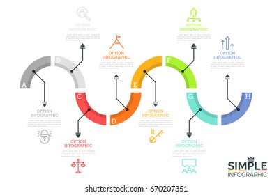 Curved line divided into 8 lettered colorful sections connected with text boxes and thin line icons by arrows. Simple infographic design layout. Vector illustration for report, presentation, website.