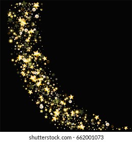 curved line of golden confetti on a black background. black background with gold sparklers