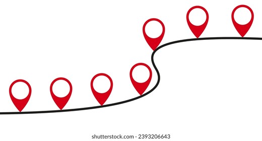 A curved line rising up with set location pin, progress concept, step planning, process timeline to success - stock vector