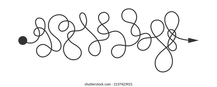 Curved line with start point and direction arrow. Difficult way, chaos path, hard route symbol isolated on white background. Vector graphic illustration.