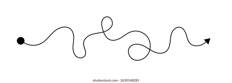 Linha curva com ponto inicial e seta de direção. Caminho difícil, caminho do caos, rota dura, símbolo desafio isolado no fundo branco. Ilustração gráfica vetorial . EPS 10