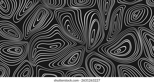 Linhas curvas, plano de fundo preto, gráficos vetoriais, topográfico, papel de parede de contorno, linhas abstratas, plano de fundo de linhas brancas