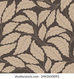 Curved lines Branches Leaves beige and brown. Seamless pattern with leaves. Vector illustration for your design. Floral seamless pattern with stylized branches and leaves.