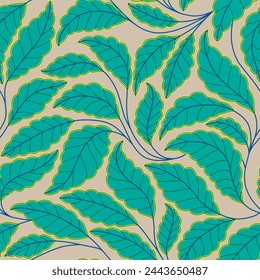 Curved lines Branches Leaves beige and green. Seamless pattern with leaves. Vector illustration for your design. Floral seamless pattern with stylized branches and leaves.