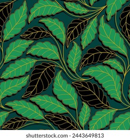 Curved lines Branches Leaves black and green. Seamless pattern with leaves. Vector illustration for your design. Floral seamless pattern with stylized branches and leaves.