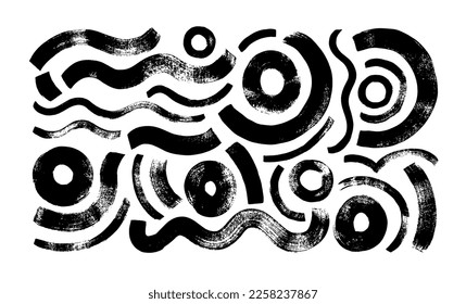Curved lines and circles elements isolated on white background. Abstract organic rounded lines with rough texture. Brush drawn vector geometric shapes. Bold curvy irregular strokes. 