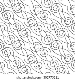 Curved lines in a diagonal grid pattern, swirl, seamless vector background.