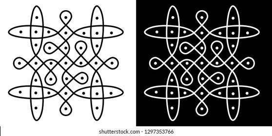 Curved lines, Dots and Circles - Indian Traditional and Cultural Rangoli, Alpona, Kolam or Paisley Vector Line art with Dark and White Background