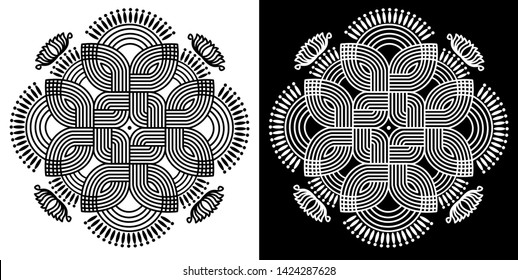 Curved lines and dots surrounded by lotus flowers - Indian Traditional and Cultural Rangoli, Alpona, Kolam or Paisley vector line art with dark and white background 