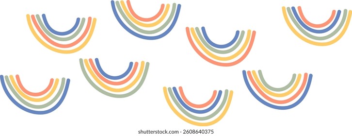 Curved lines form abstract rainbow patterns in a playful and modern art style. Arched shapes create a series of overlapping bands with a clean and minimalistic look. Cartoon vector illustration.