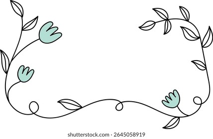 Linhas curvas formam uma borda floral com folhas estilizadas e flores em um estilo limpo. Vinhas elegantes entrelaçam-se com flores, criando uma moldura graciosa. Ilustração de vetor de desenhos animados.