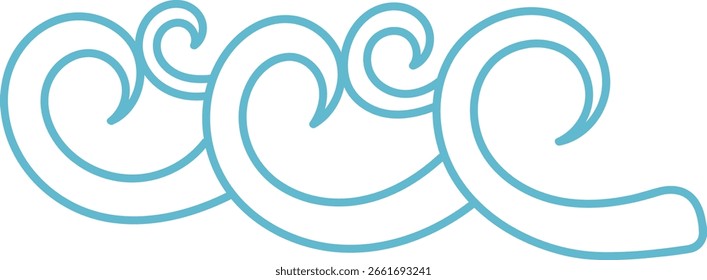 Curved lines form stylized ocean waves in a clean vector style. Swirling shapes create a dynamic sea motif with fluid motion. Cartoon vector illustration.