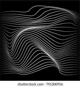 Curved lines form. White stripes with waving 
distortion vector on black background abstract illustration