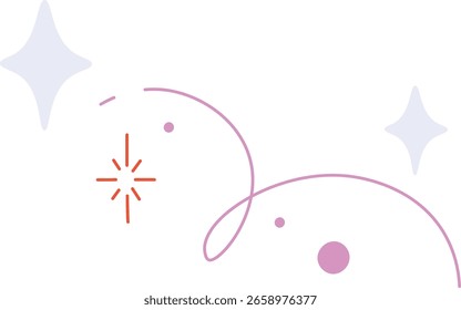 Curved lines and geometric shapes create a dynamic composition. Spirals and stars form an energetic abstract pattern. Cartoon vector illustration.