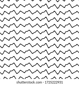 Curved lines seamless pattern. Jagged stripes ornament. Linear waves motif. Curves print. Zigzag background. Broken line shapes wallpaper. Wavy stripe figures. Ethnical textile print. Modern vector.