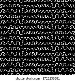 Curved lines seamless pattern. Jagged stripes ornament. Curves print. Striped background. Linear waves motif. Broken line shapes wallpaper. Wavy stripe figures. Ethnical textile print. Vector artwork