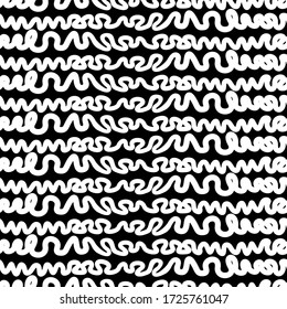 Curved lines seamless pattern. Jagged stripes ornament. Curves print. Striped background. Broken line shapes wallpaper. Linear waves motif. Wavy stripe figures. Ethnical textile print. Vector.