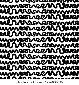 Líneas curvadas sin problemas. Ornamento de rayas amordazadas. Curvas impresas. Fondo rayado. Fondo de pantalla de formas de línea rotas. Motivo de las olas lineales. Figuras de rayas onduladas. Impresión textil étnica. Arte vectorial.