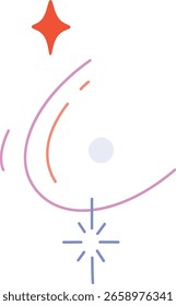 Curved lines and shapes form an abstract design with a star element. Geometric elements create a dynamic composition with a spark detail. Cartoon vector illustration.