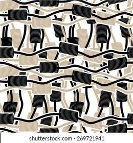 Curved lines with spring elements in a mesh pattern, seamless vector background.