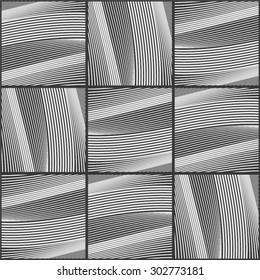Curved lines in the squares, monochrome pattern mesh, seamless vector background.
