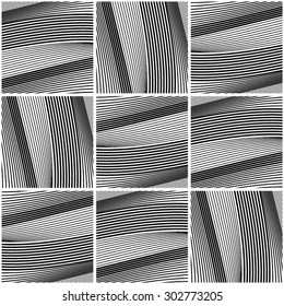 Curved lines in the squares, monochrome pattern mesh, seamless vector background.