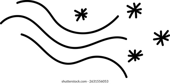 Curved lines and star-like shapes in a playful doodle style. Wavy lines with asterisks create a whimsical winter scene. Cartoon vector illustration.
